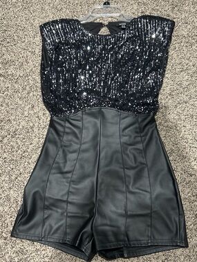privy Black Sequin Bodice Faux-Leather Mini Romper